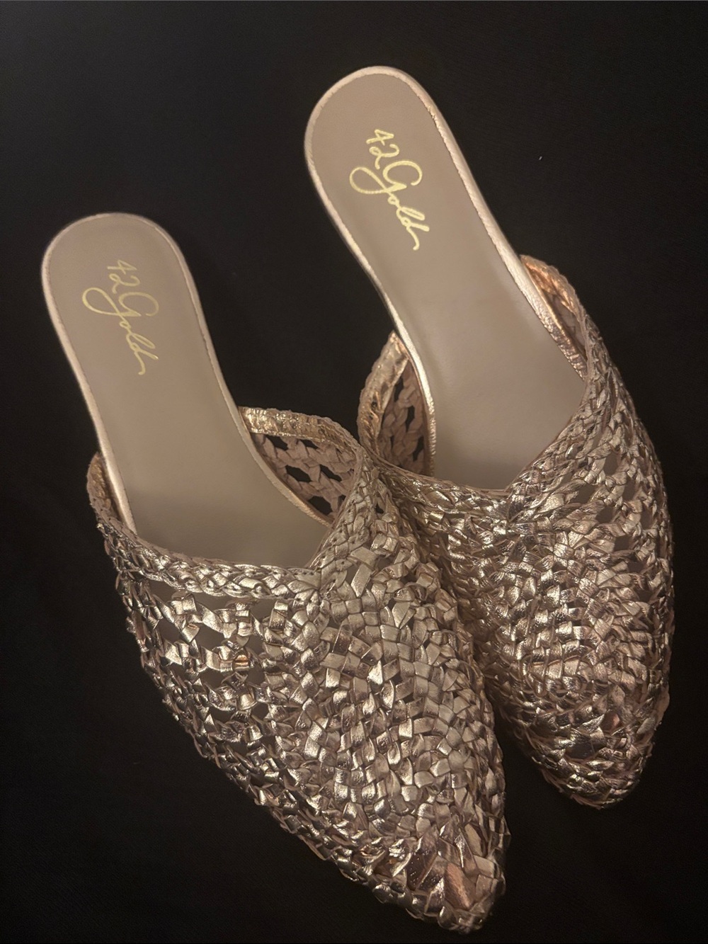 42 GOLD Metallic Gold Woven Pointed-Toe Mules